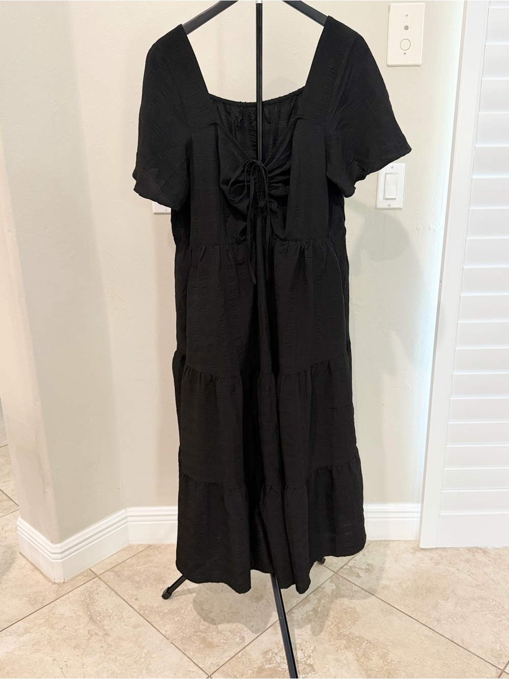 Black Crinkle Textured Tiered Maxi/Midi Dress XXL Boho Romantic